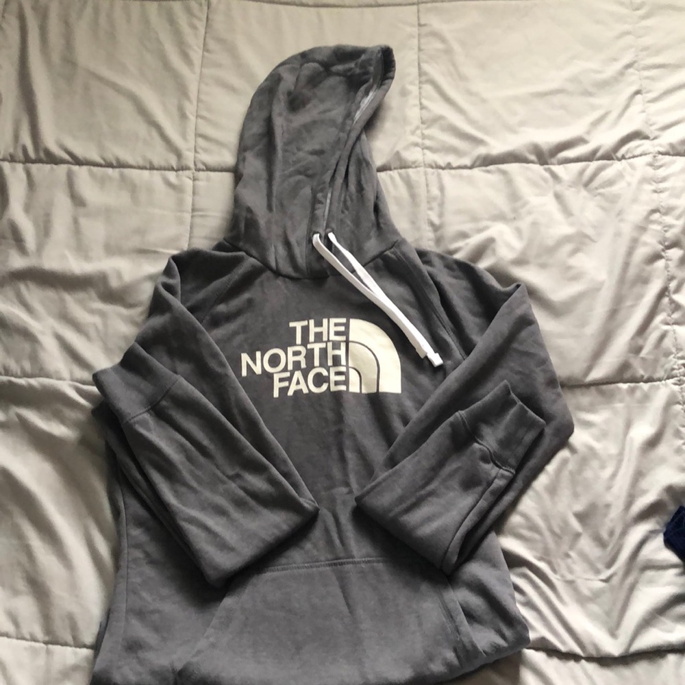 Gray and White North Face Hooded Sweatshirt